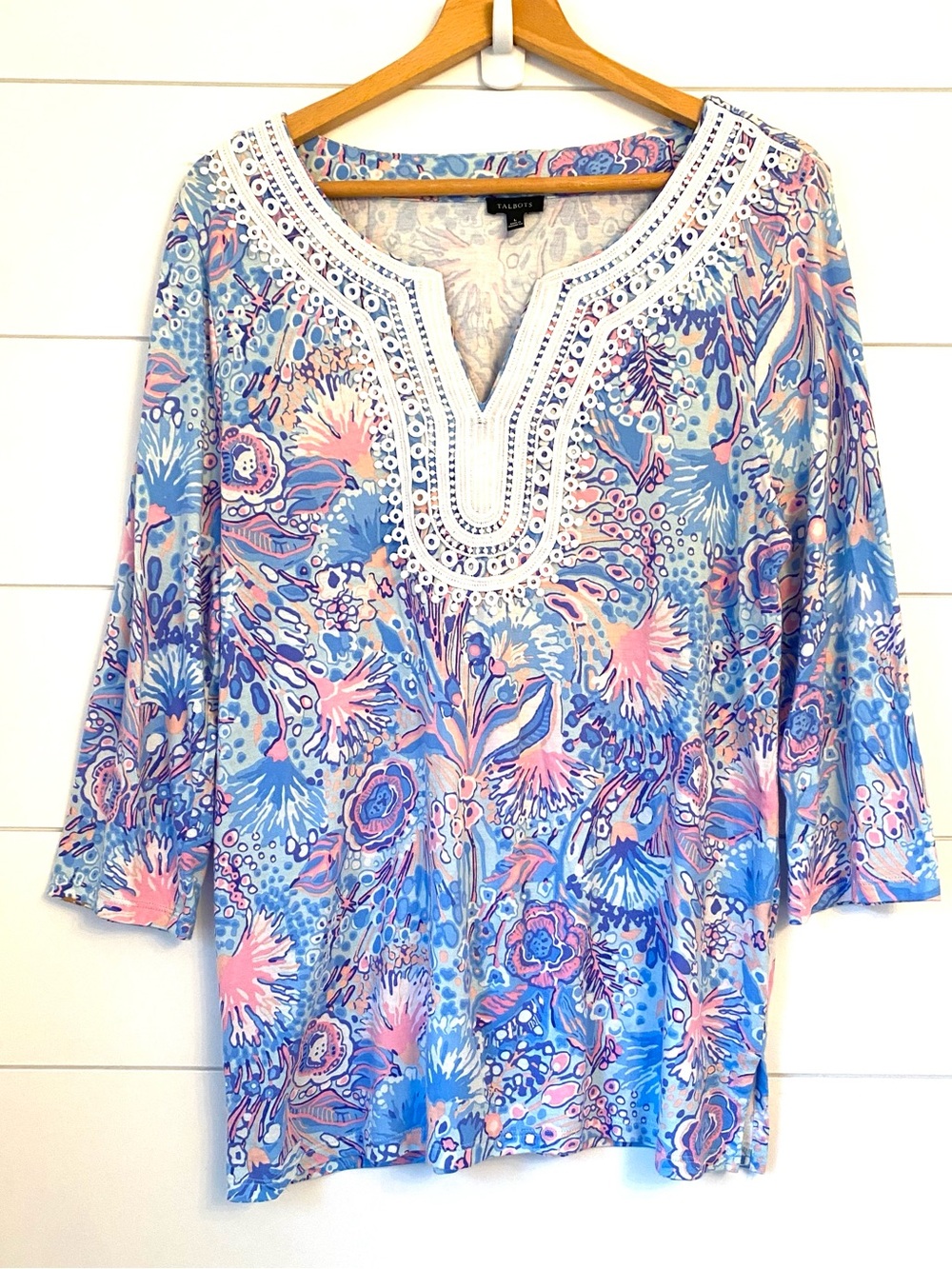 Talbots Pink & Blue Floral Crochet-Trim Tunic Top (large)